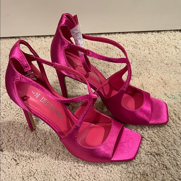 Dream Pairs Hot Pink Fuchsia Satin Stiletto Strappy Square Open Toe High Heels - Picture 1 of 9